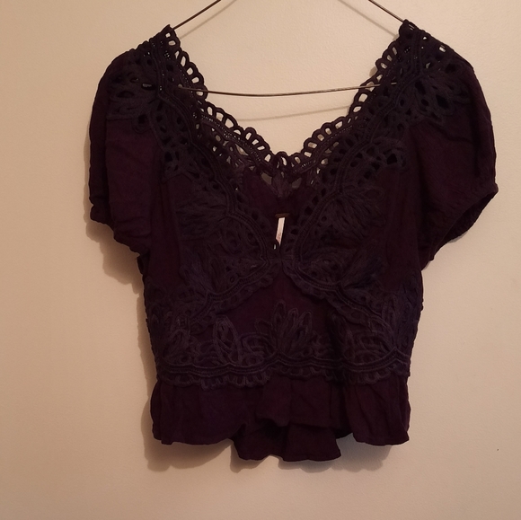 Free People Sweet Roses Pullover Blouse Navy XS - Picture 5 of 11
